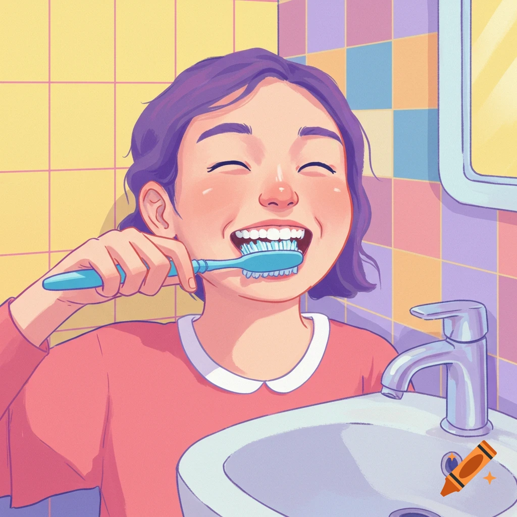 Illustration of a person happily brushing their teeth in a bathroom.
