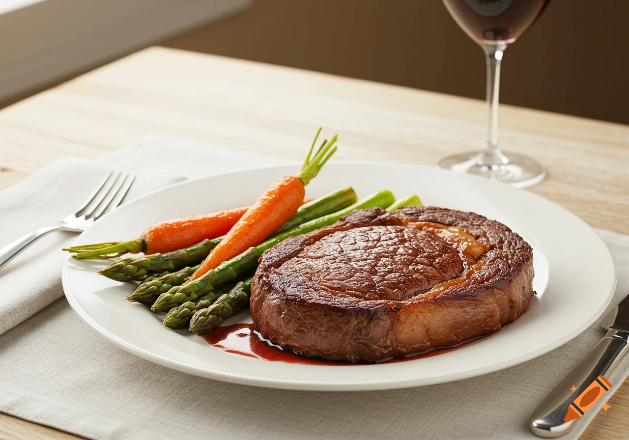 Close-up photo of a cooked steak on a plate with asparagus and carrots, alongside cutlery and a glass of red wine.