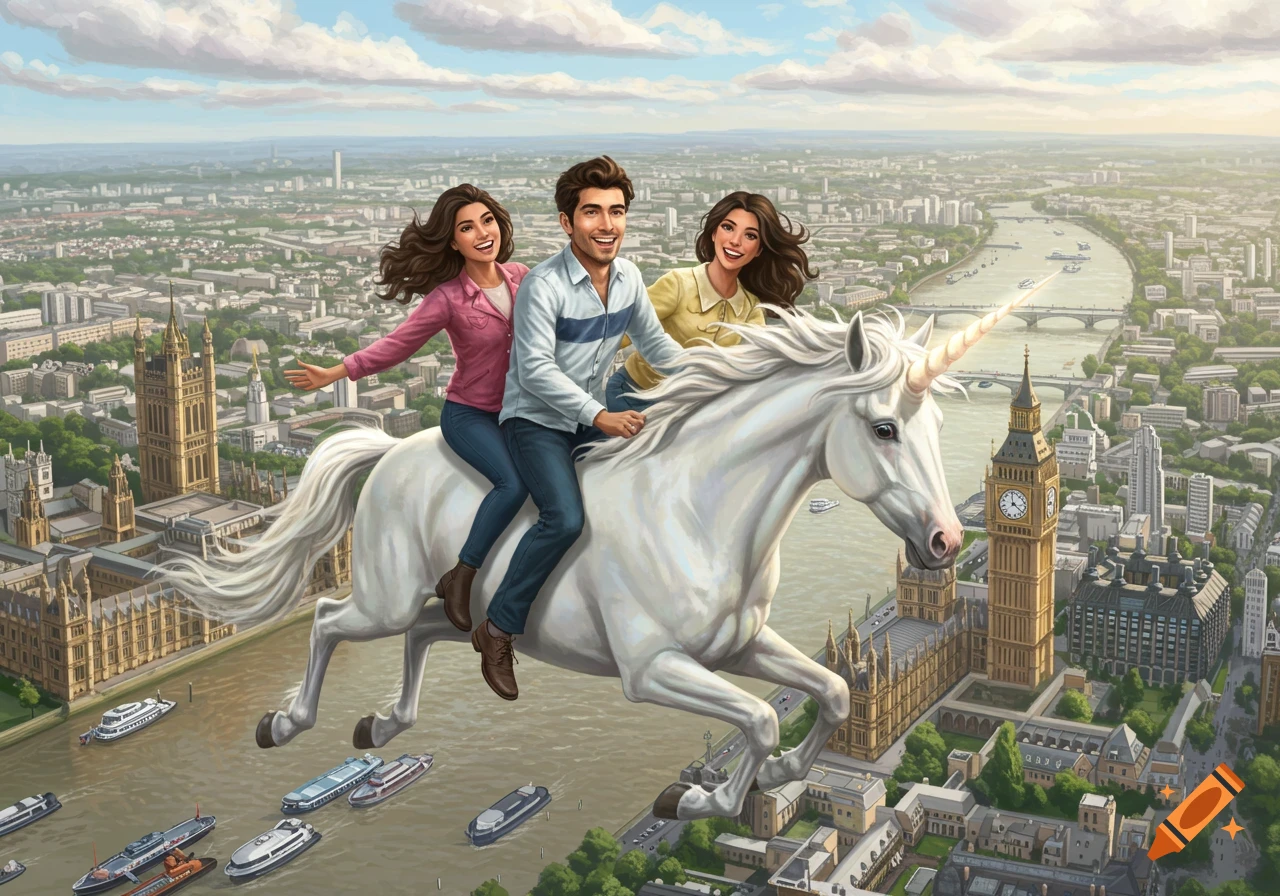 A man and two women ride a flying unicorn over London
