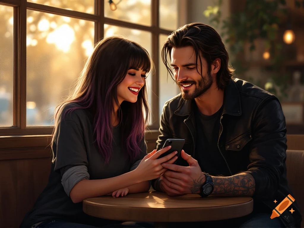 A man and woman smile while looking at a phone in a warm, sunlit cafe.