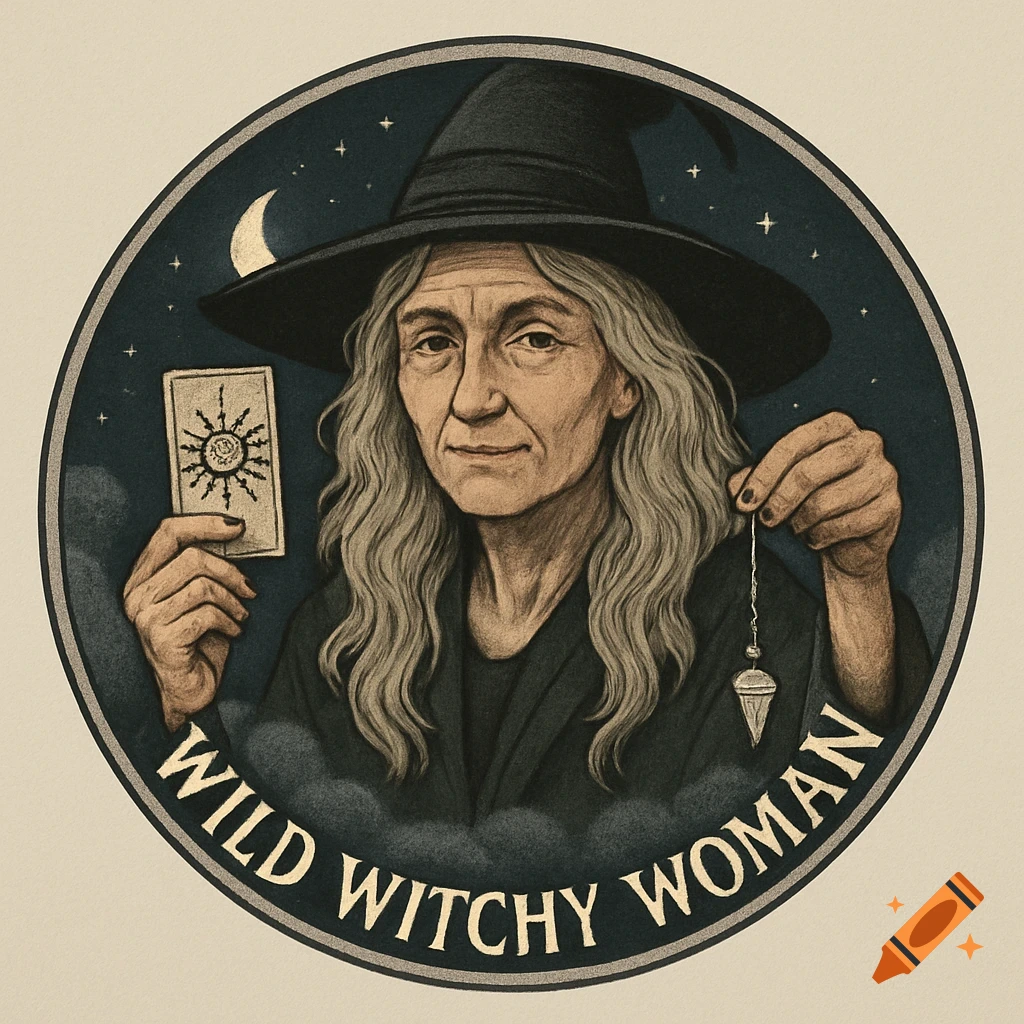 Illustrated portrait of an older witch holding tarot card and pendulum in front of starry sky, with text 'WILD WITCHY WOMAN'