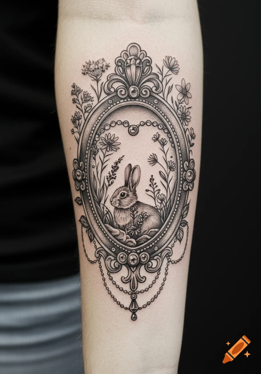 Black and grey tattoo of a rabbit in a vintage frame surrounded by wildflowers.