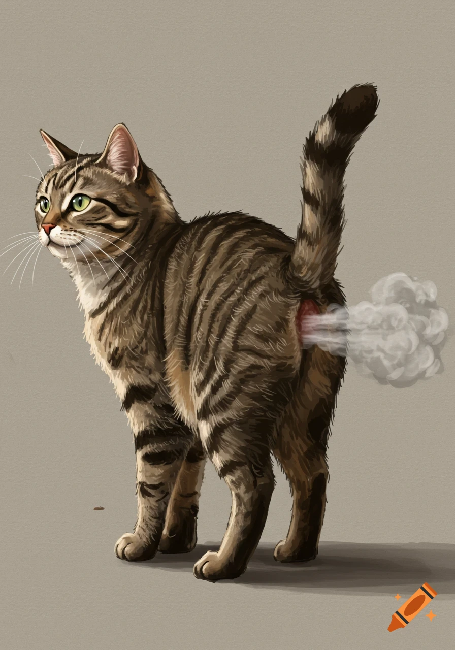 A tabby cat is farting smoke