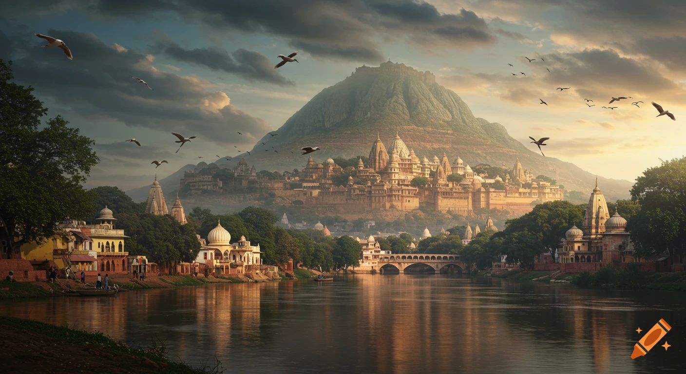 Matte painting of temples on a hill beside a river with birds flying in the sky at sunset