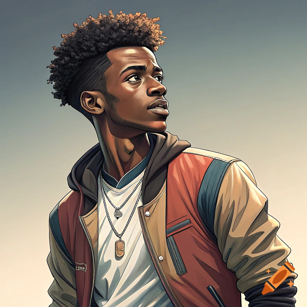 A stylized portrait illustration of a young man with curly hair and a ...
