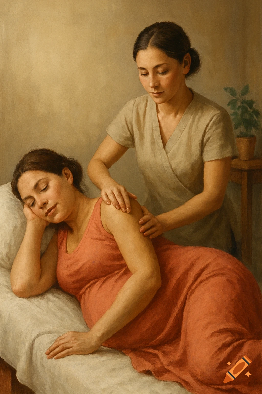 A woman receiving a shoulder massage while lying down, depicted in a painting style.