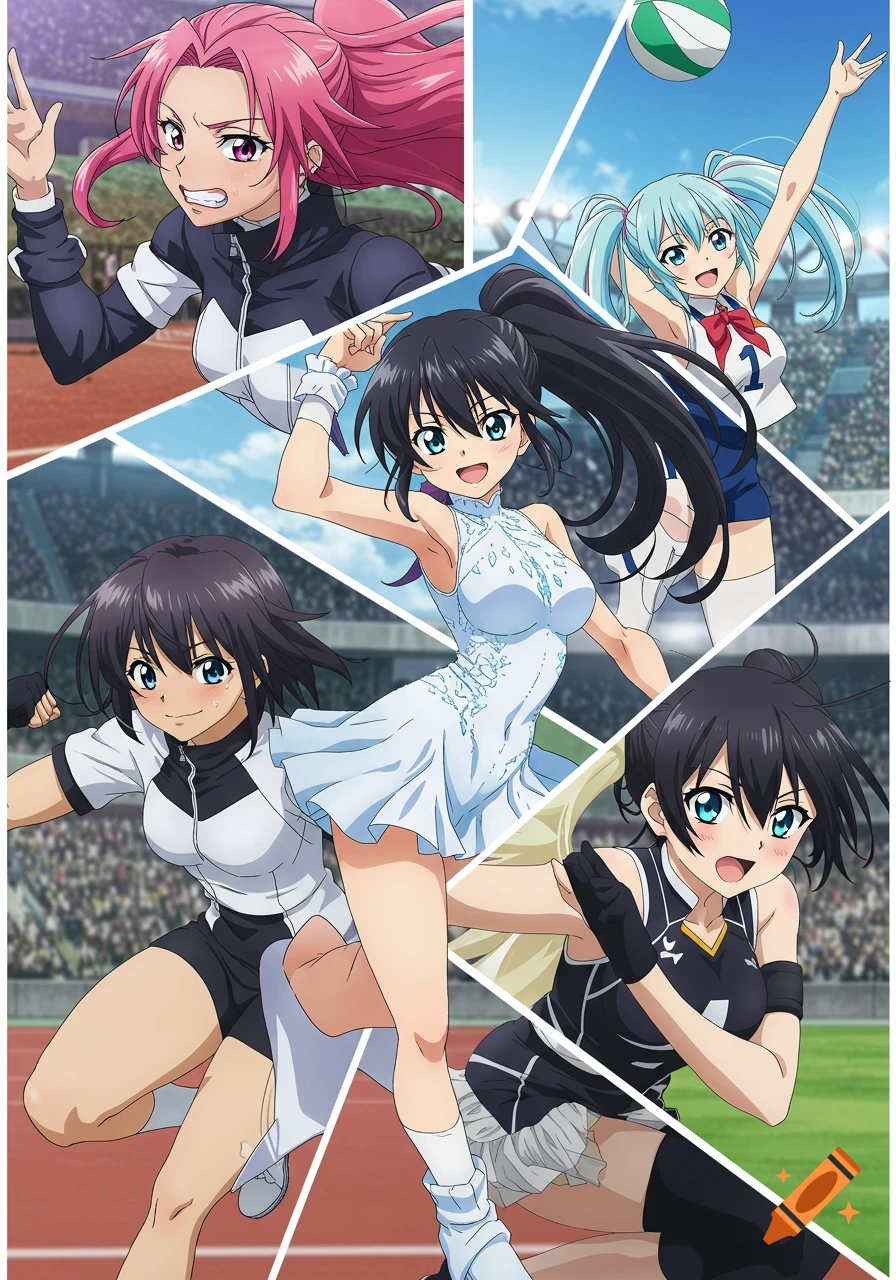 Anime style collage of five female athletes playing different sports
