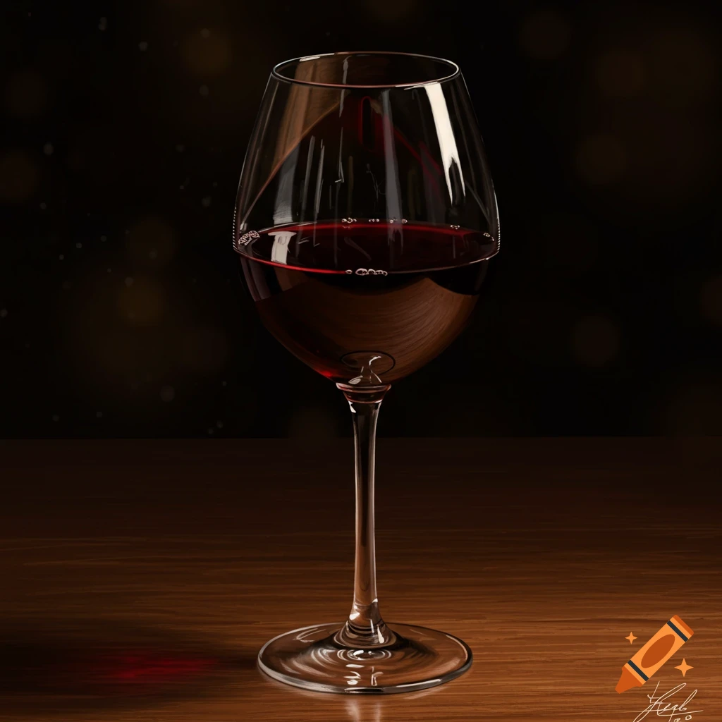 A full glass of red wine sits on a wooden table with a dark, blurry background. Photorealistic style.