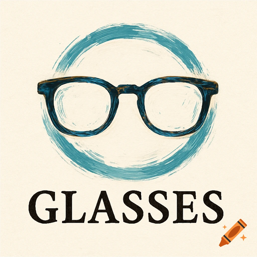 Illustration of glasses within a blue brushstroke circle with the word GLASSES below.