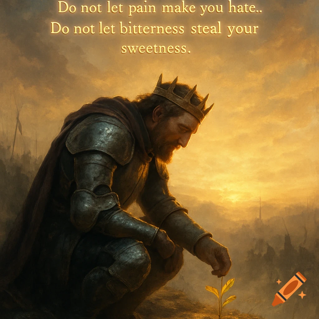 A king in armor kneels at sunrise, touching a plant, with text overlay.