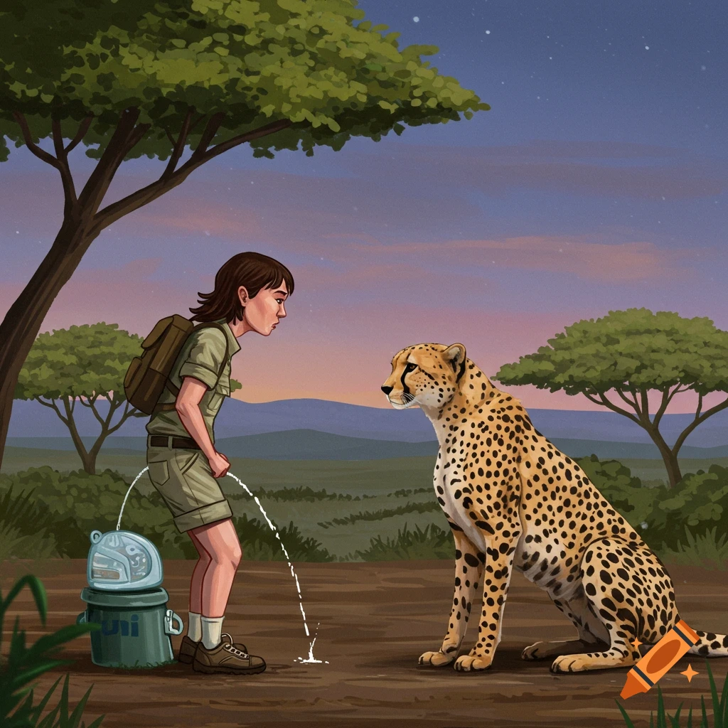 Illustration of a person in safari gear urinating into a bucket while staring at a cheetah in a savanna at dusk.