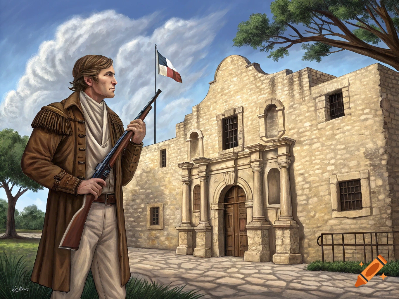 Digital painting of a man with a rifle standing in front of the Alamo.