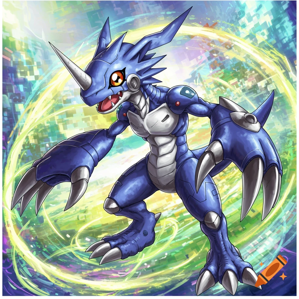 Blue Digimon character with metal claws and horns in a digital background, anime style.