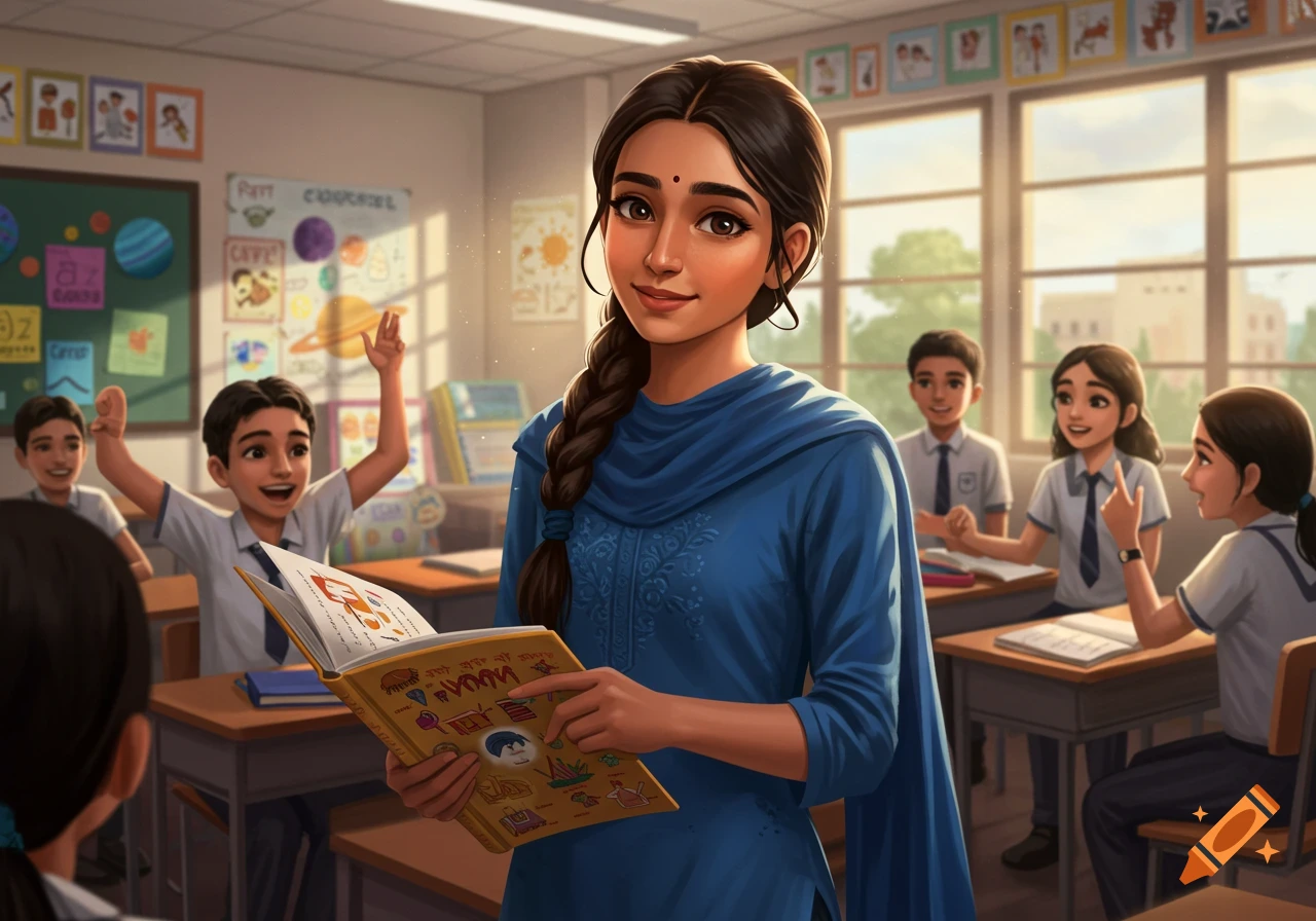 An illustrated Indian teacher holds a book in a classroom with students.