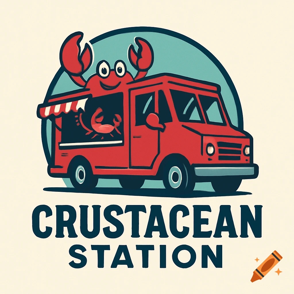 Logo for Crustacean Station food truck featuring a cartoon crab.