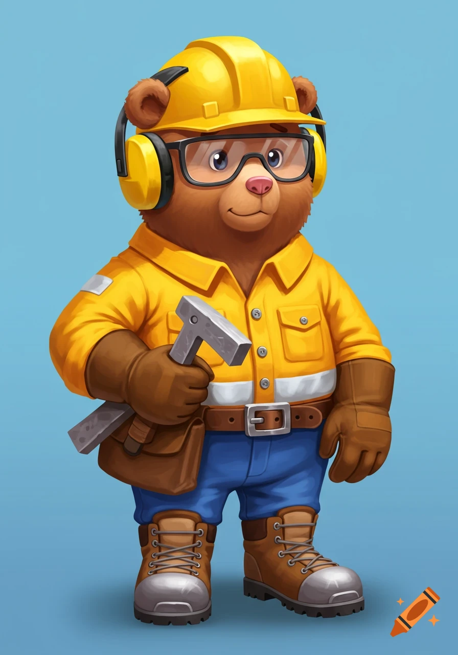 Cartoon bear wearing construction safety gear and holding a hammer.
