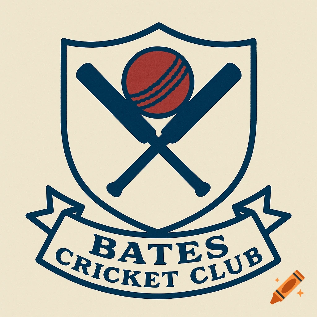 A shield logo for Bates Cricket Club with crossed bats, a cricket ball, and the club name on a banner.