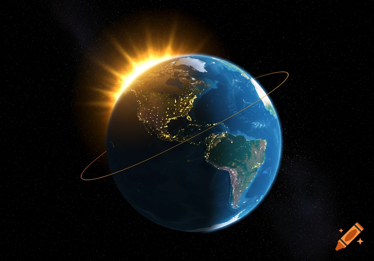 Earth from space with sunrise over the Americas, city lights visible, and a faint orbital ring.