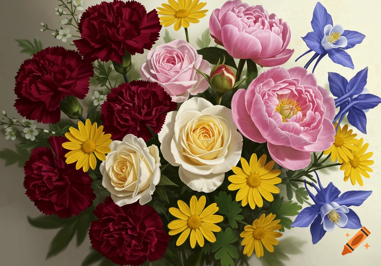 Close-up bouquet of dark red carnations, pink peonies, white roses, yellow daisies, and blue columbines in a painted style.