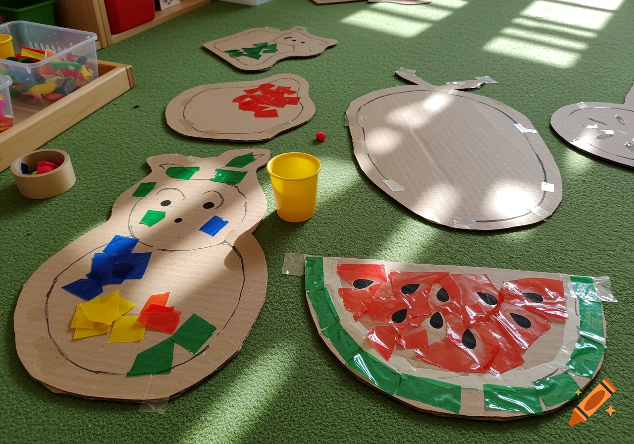 Cardboard cutouts of shapes like a bear, watermelon, and apple decorated with colorful cellophane pieces on a green floor with craft supplies.