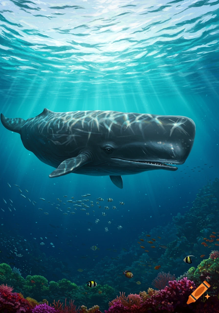 A sperm whale swims above a colorful coral reef in sunlit blue water.
