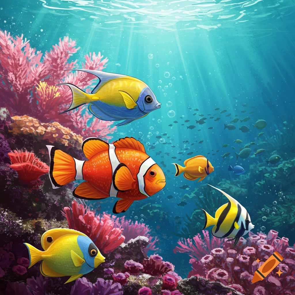 Tropical fish swim among colourful coral in a sunlit underwater scene.
