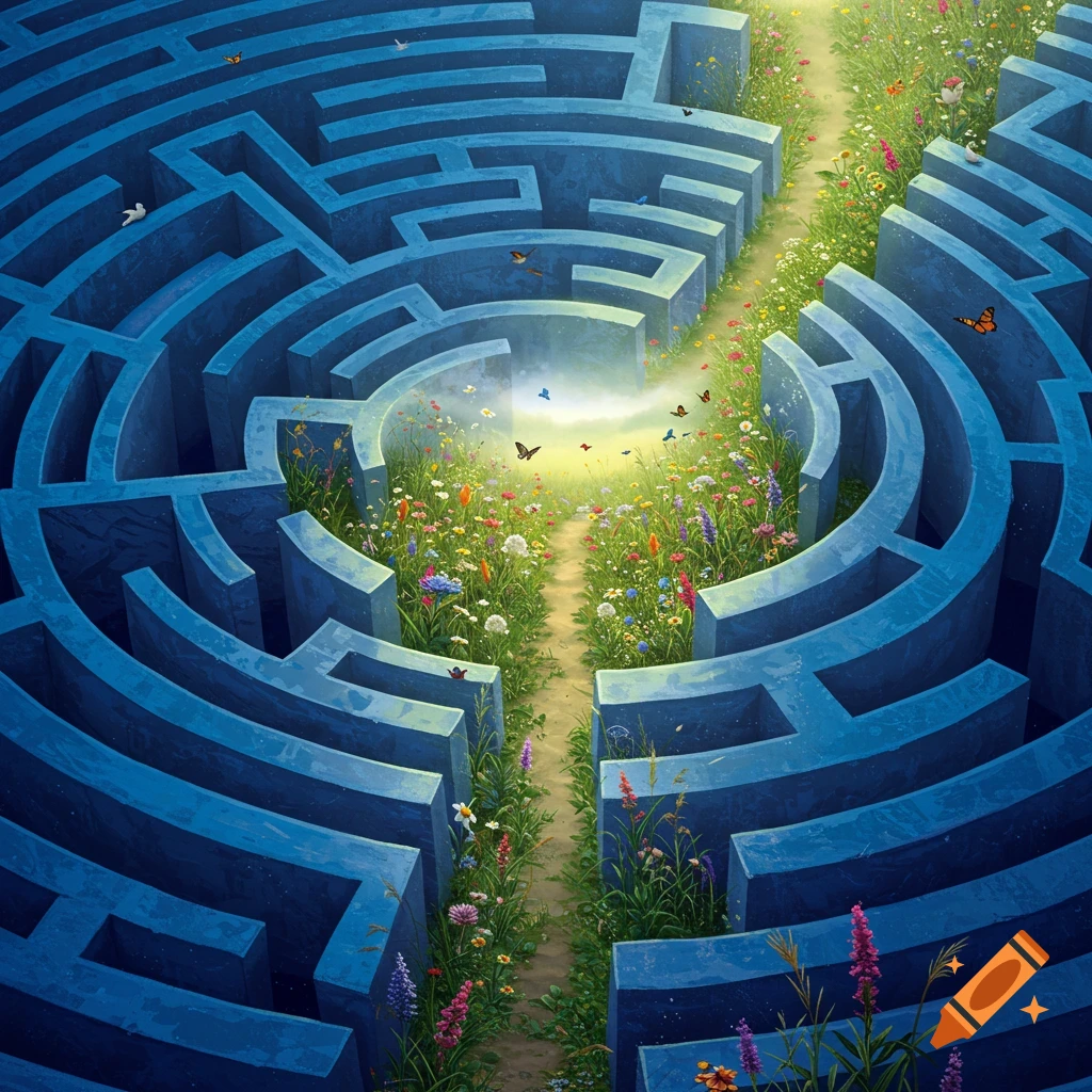 Curving maze of blue stone walls opening to a bright, sunlit path filled with flowers and butterflies.