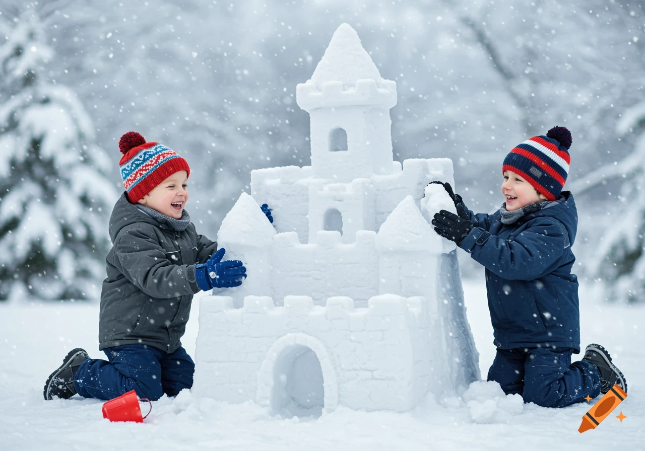 Two happy young boys build a snow castle in the snow