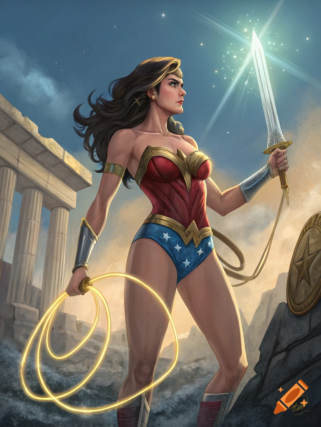 Illustration of Wonder Woman in her costume holding her lasso and sword in ancient ruins.