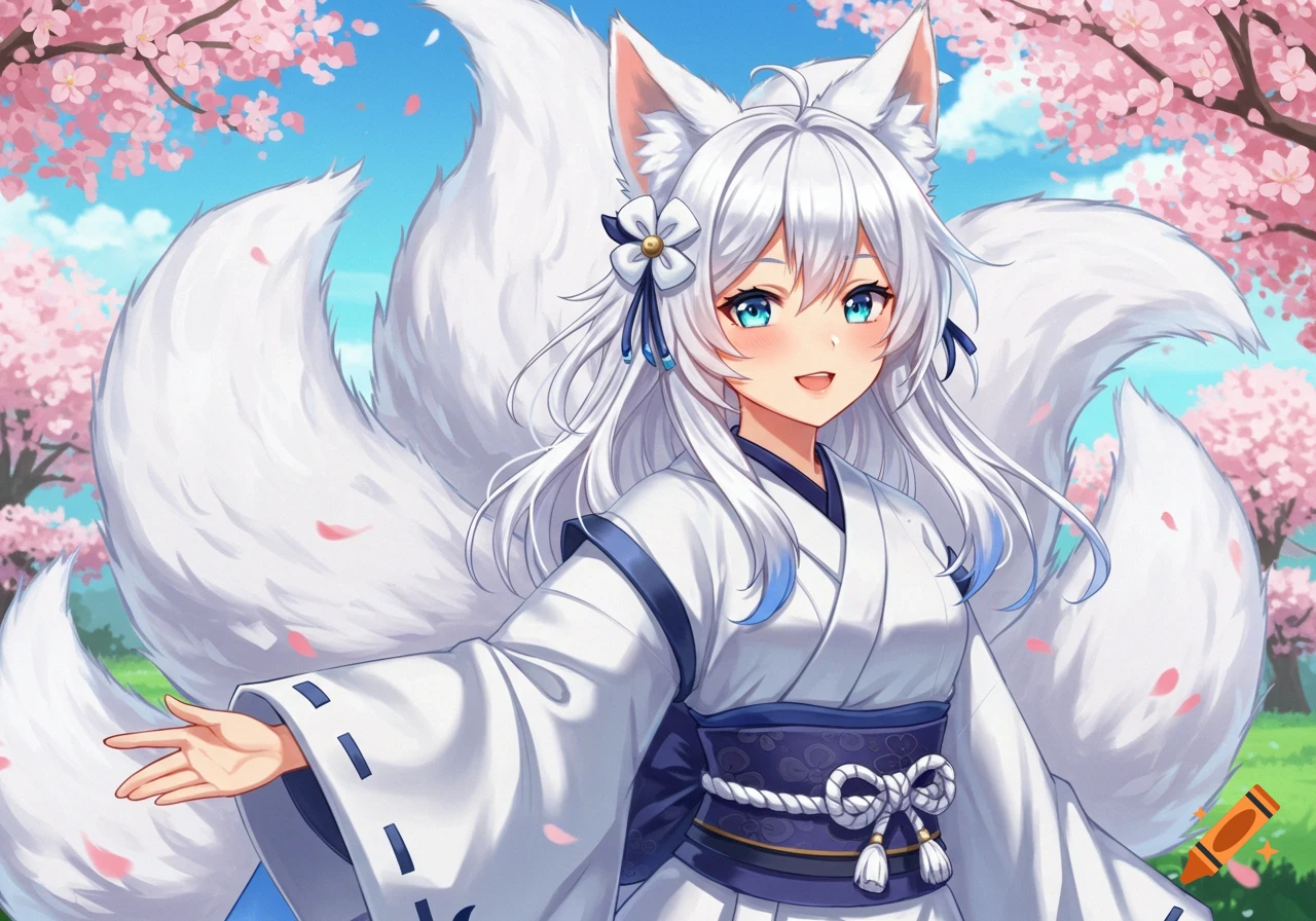 Anime girl with white hair, fox ears, and multiple tails wearing a white kimono under cherry blossoms