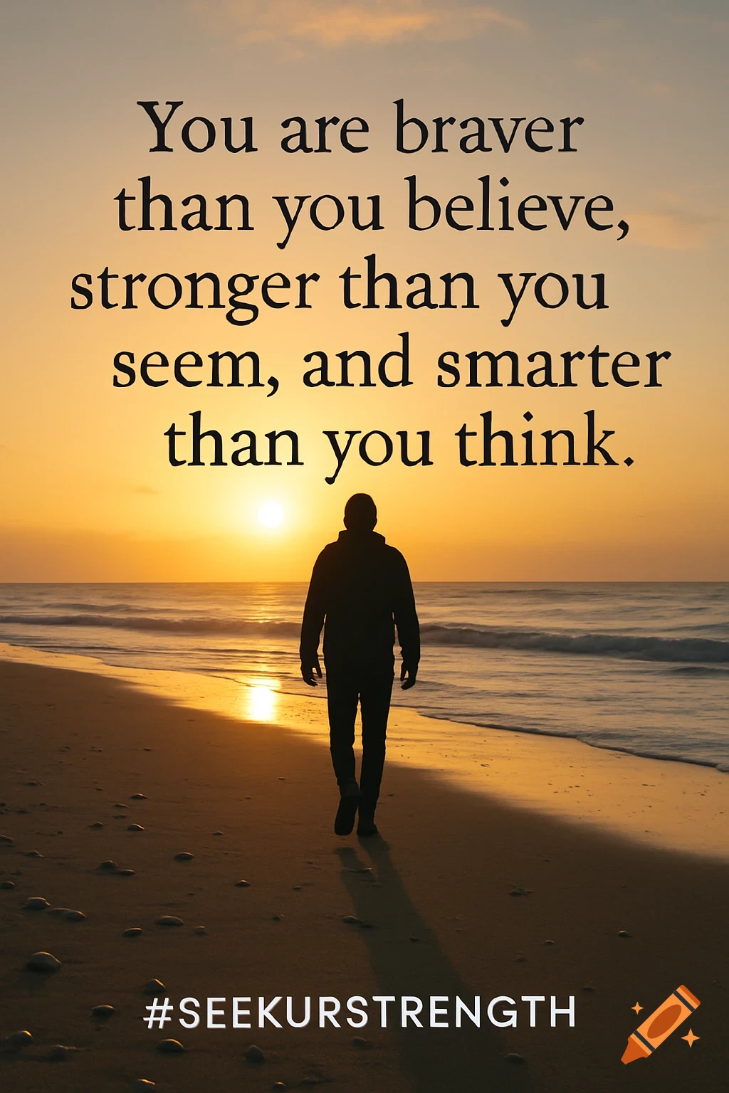 Silhouette of a person walking on a beach during sunset with a motivational quote overlaid.