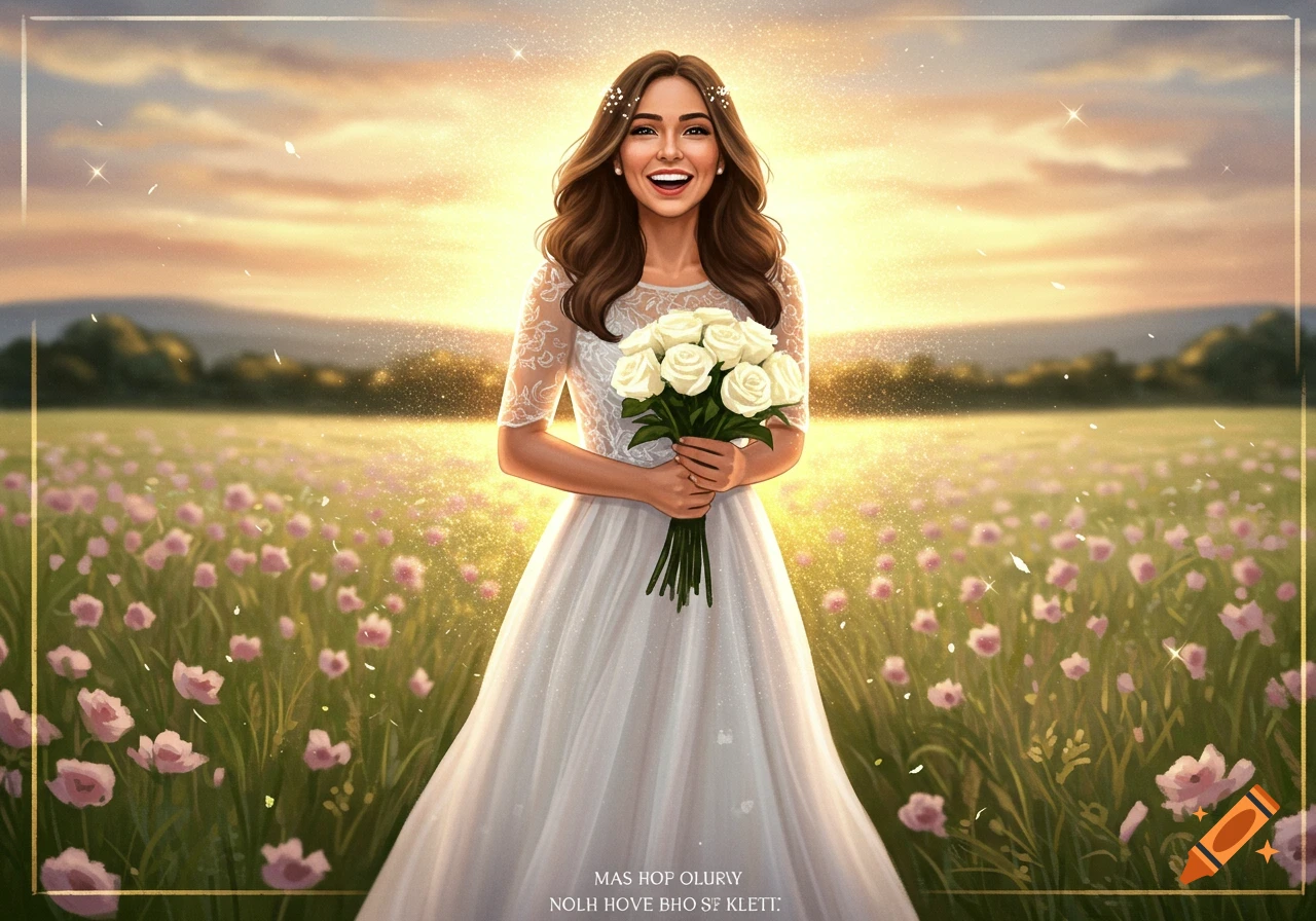 Smiling woman in white wedding dress with white roses bouquet in a ...