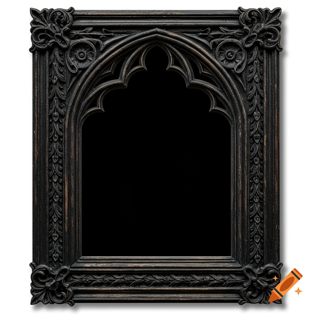 An ornate dark gothic picture frame against a white background.