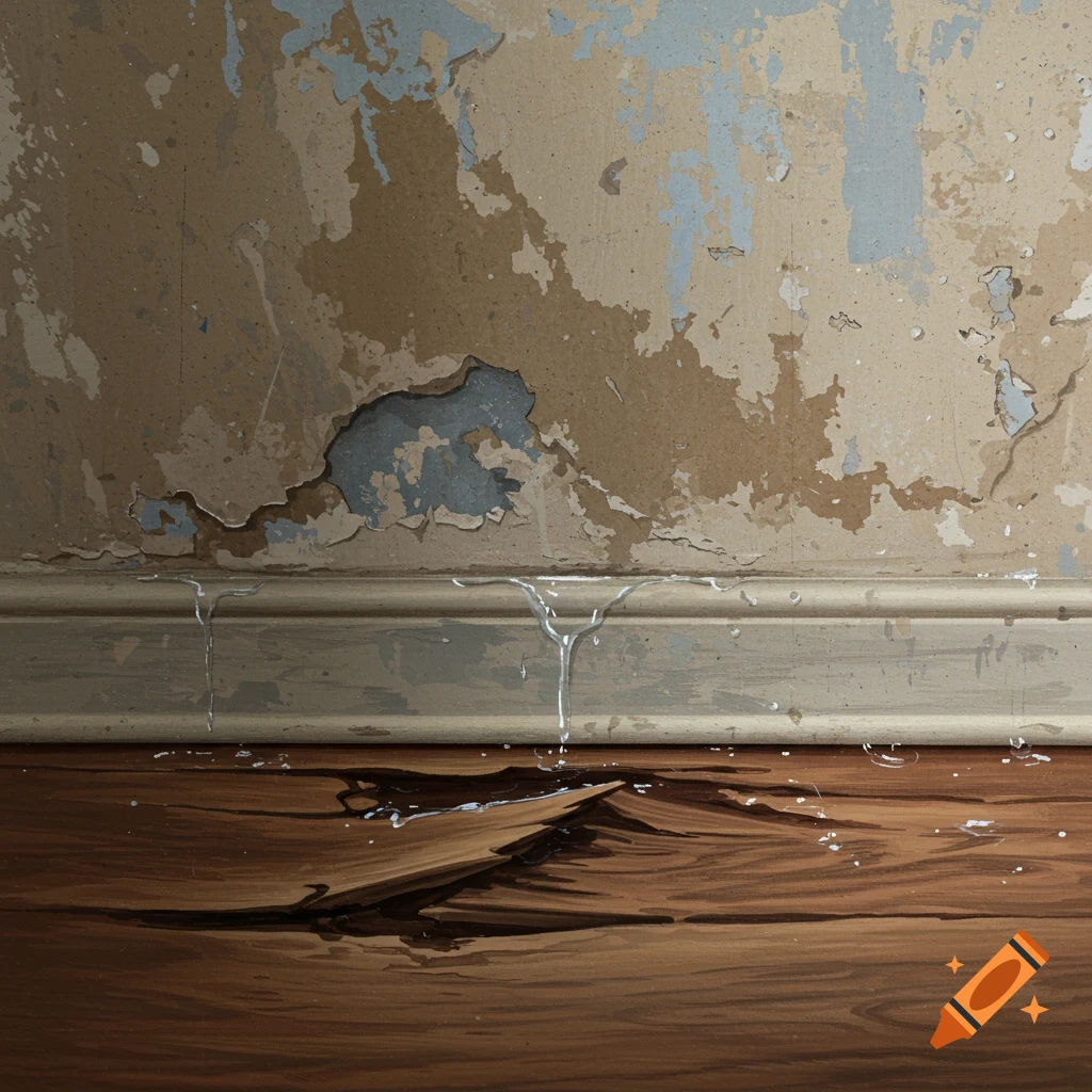 Peeling paint on a wall above water dripping onto a damaged, buckling wood floor.