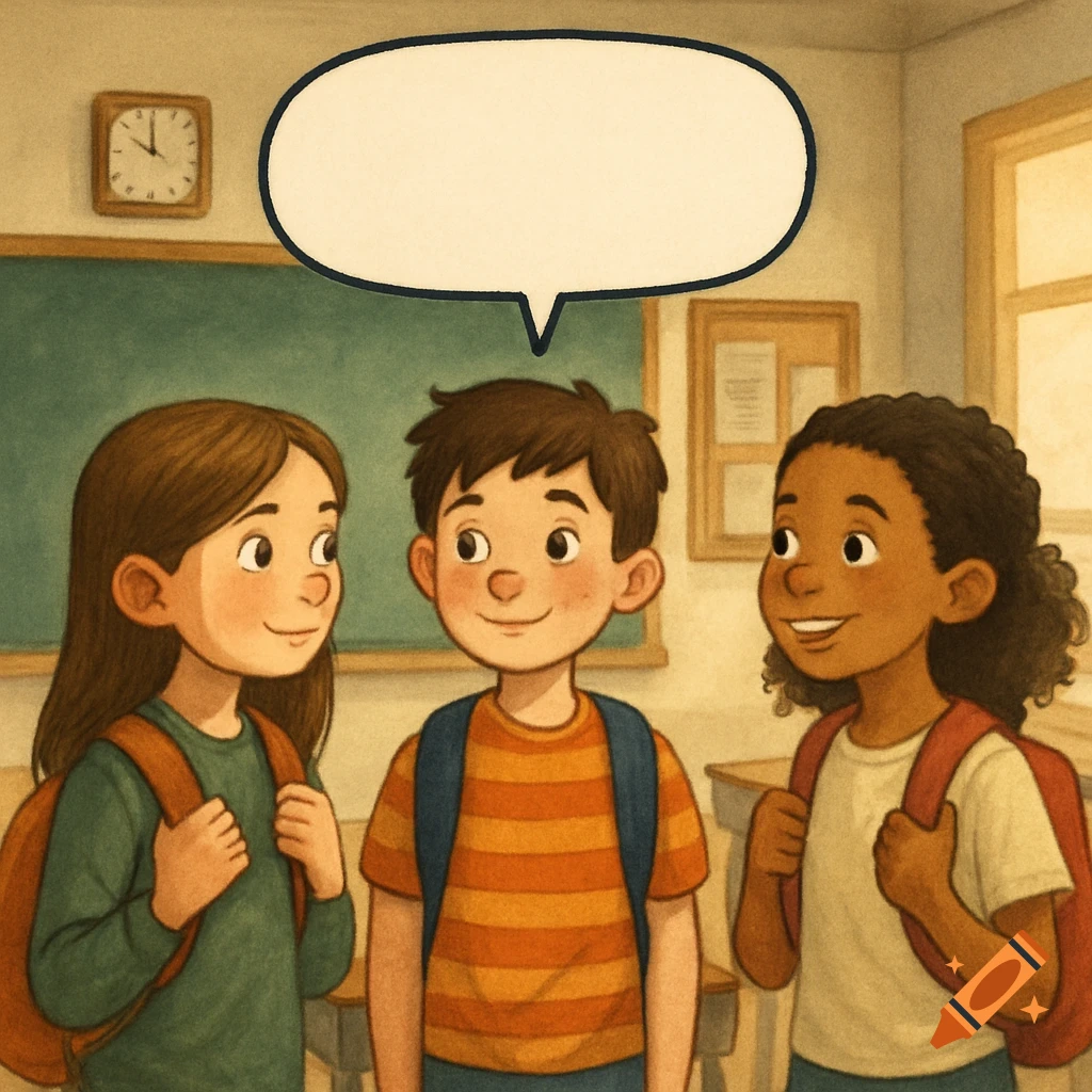 Three diverse kids with backpacks stand in a classroom, an empty speech bubble above them, illustration style.
