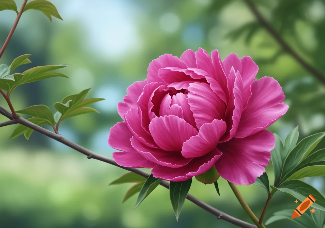 A close-up of a vibrant pink peony flower blooming on a branch.