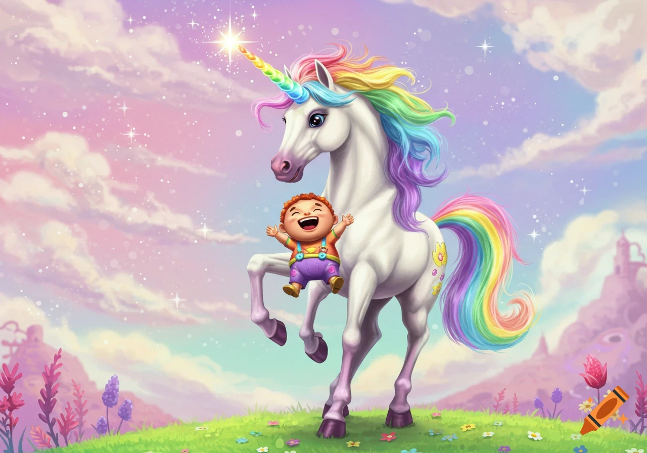 Illustration of a cartoon child riding a rainbow unicorn through a fantasy landscape.