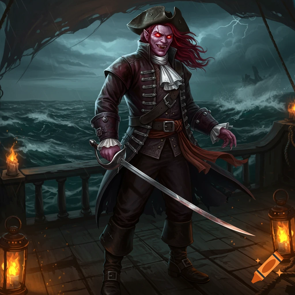 A red-eyed vampire pirate with red hair and a rapier stands on a ship deck during a storm.