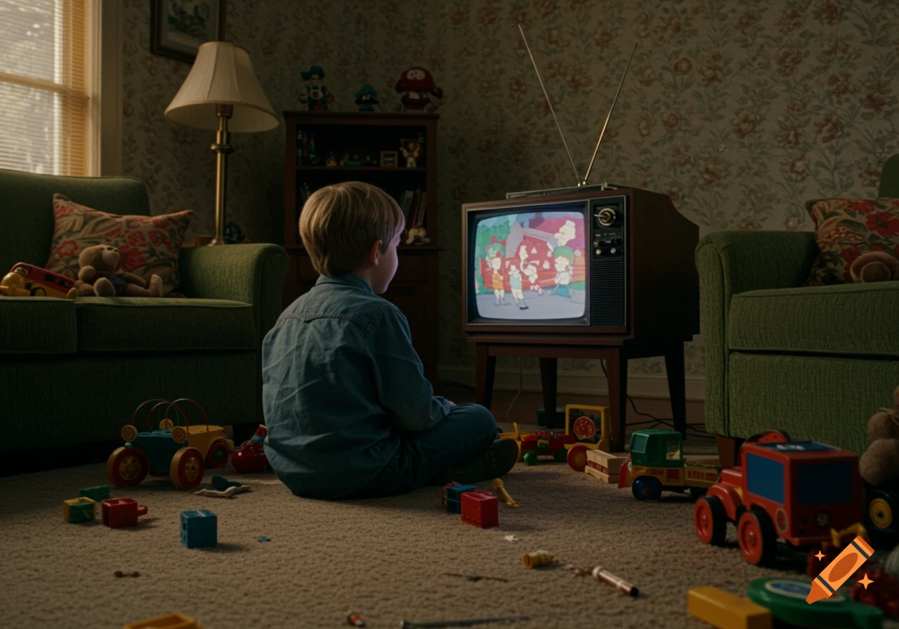 A young boy sits on the floor watching a cartoon on an old television in a cluttered 1980s living room.