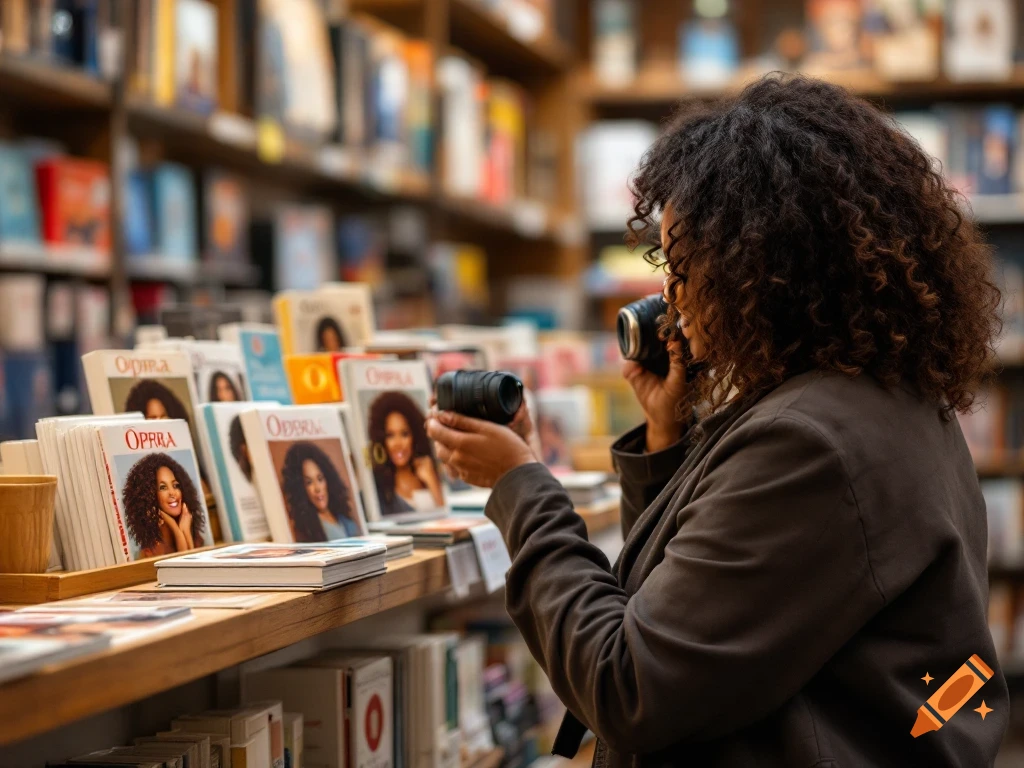 A photographer looks at magazines on a shelf in a bookstore.