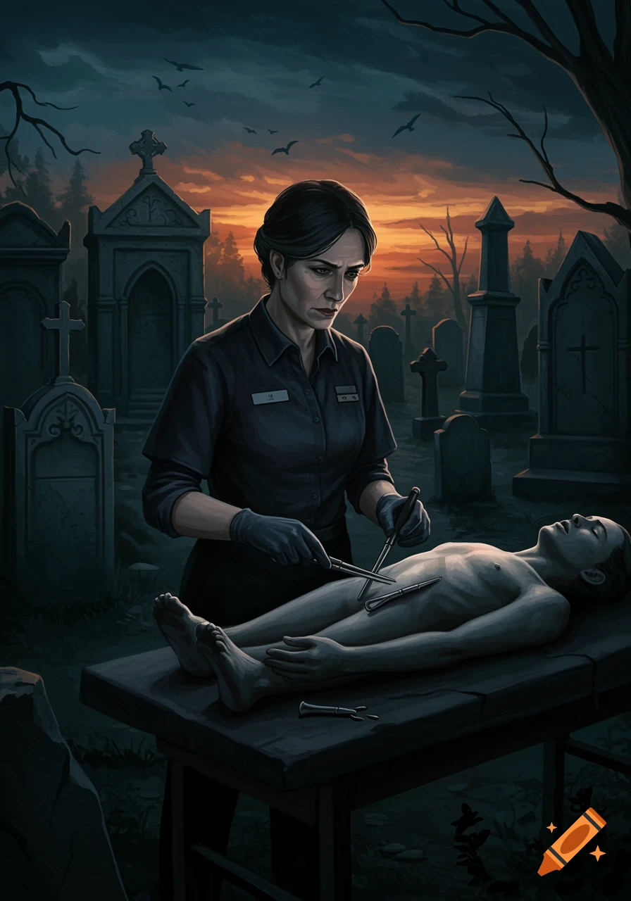 Dark illustration of a woman working on a body in a graveyard at sunset.