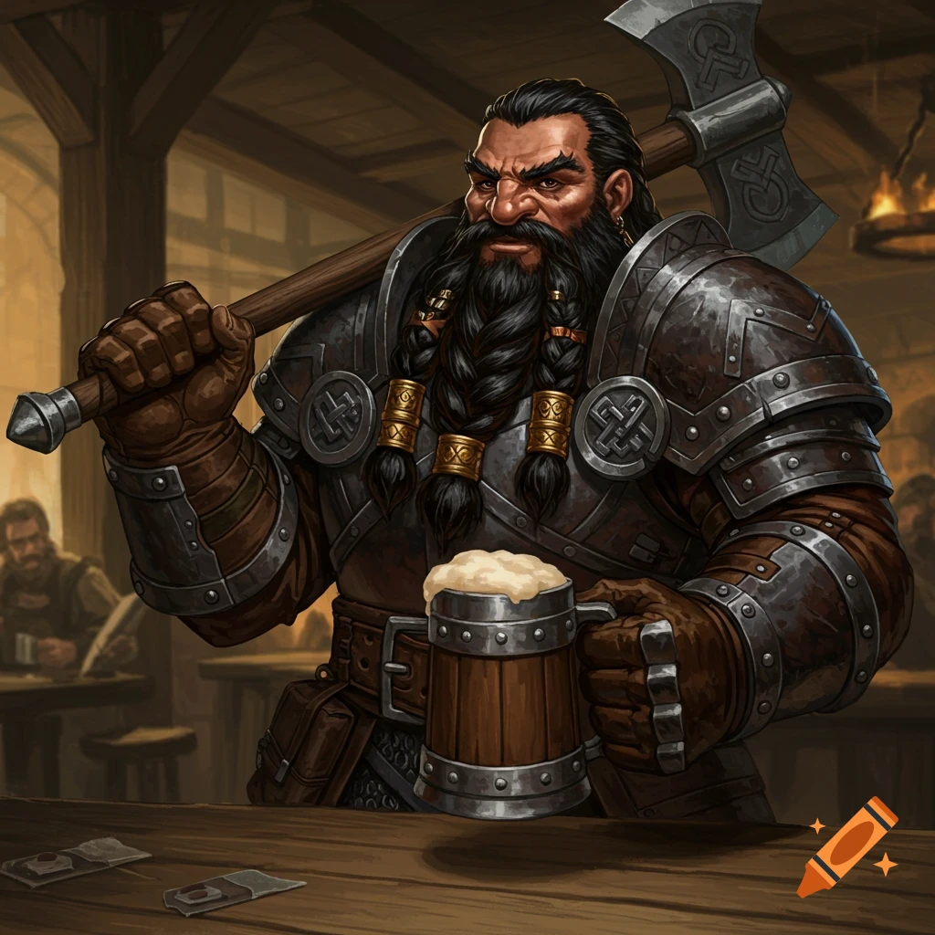 A heavily armored dwarf in a tavern holds a frothy mug of beer and rests a large axe on his shoulder.
