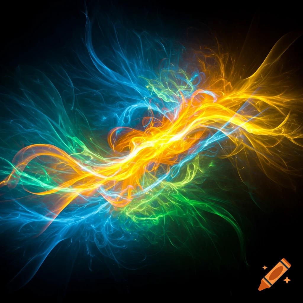 Abstract swirling light trails in blue, green, and orange on a dark background.