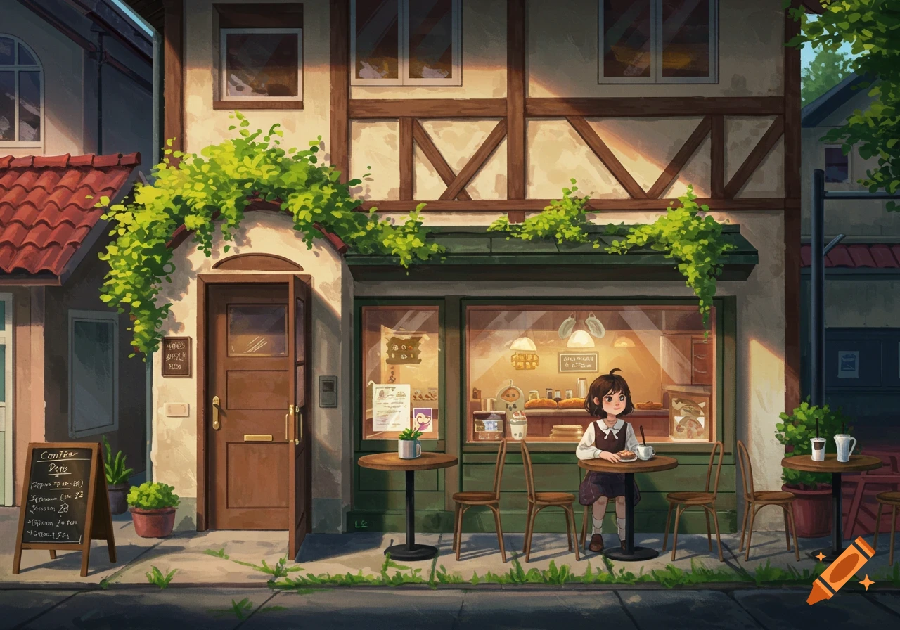 Anime style exterior of a cozy coffee shop with a girl sitting at an outdoor table.