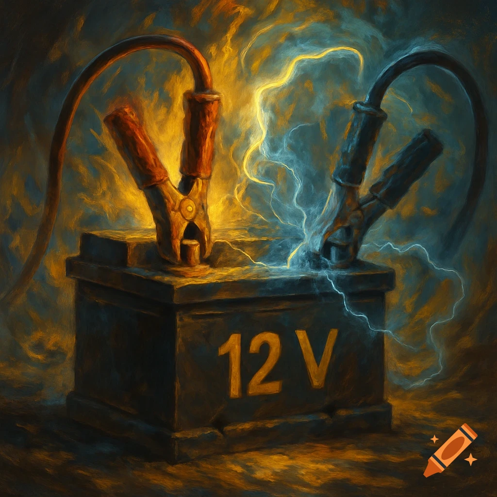 Painterly illustration of a car battery with jumper cables and electrical sparks