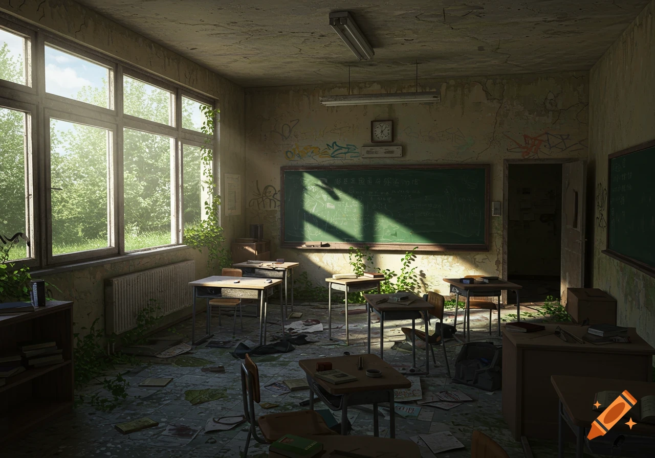 An abandoned classroom interior with desks, chairs, a blackboard, overgrown plants, and light filtering through large windows.