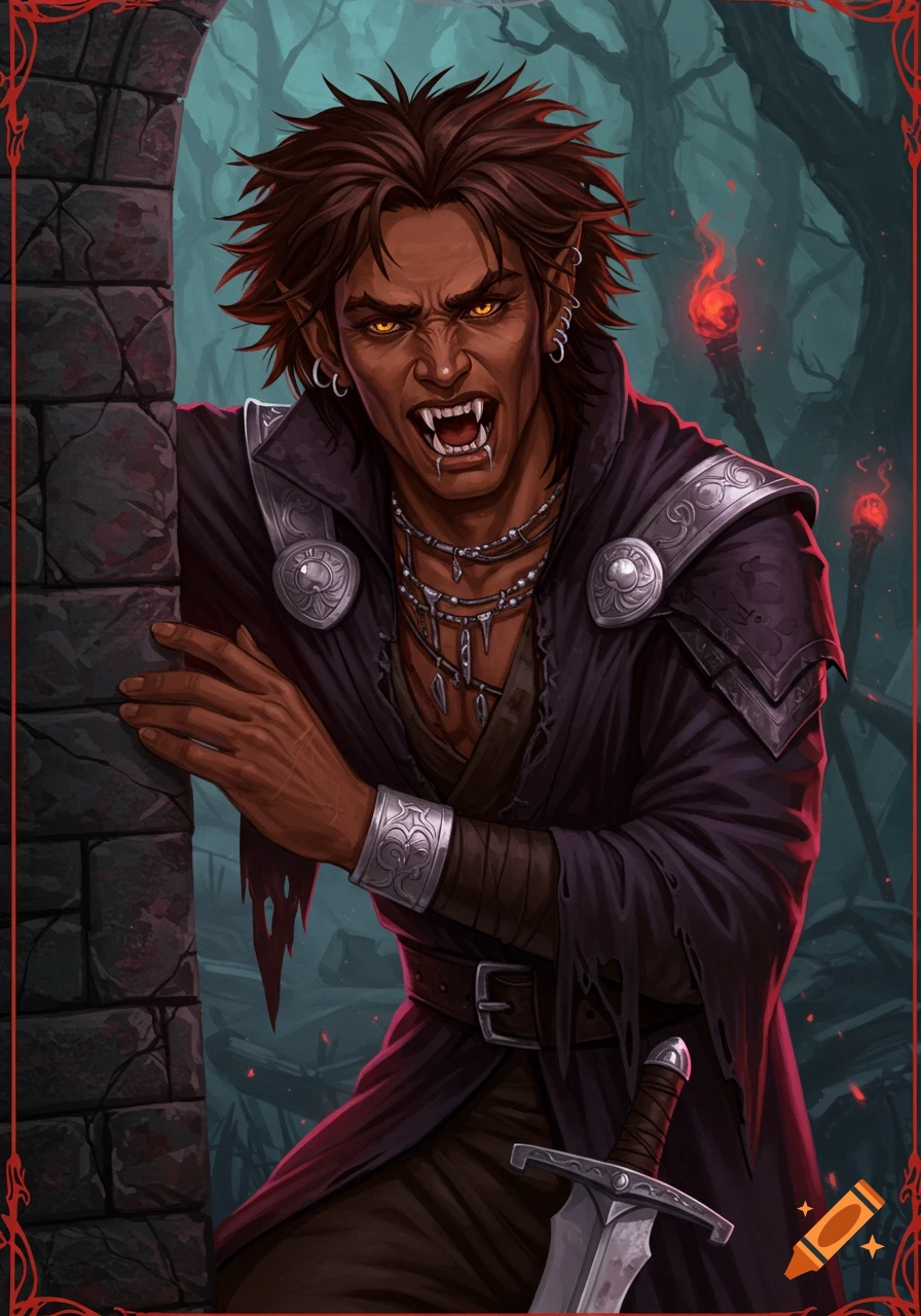 A dark-skinned vampire with messy brown hair and fangs peeks around a stone archway in a dark forest, holding a sword.