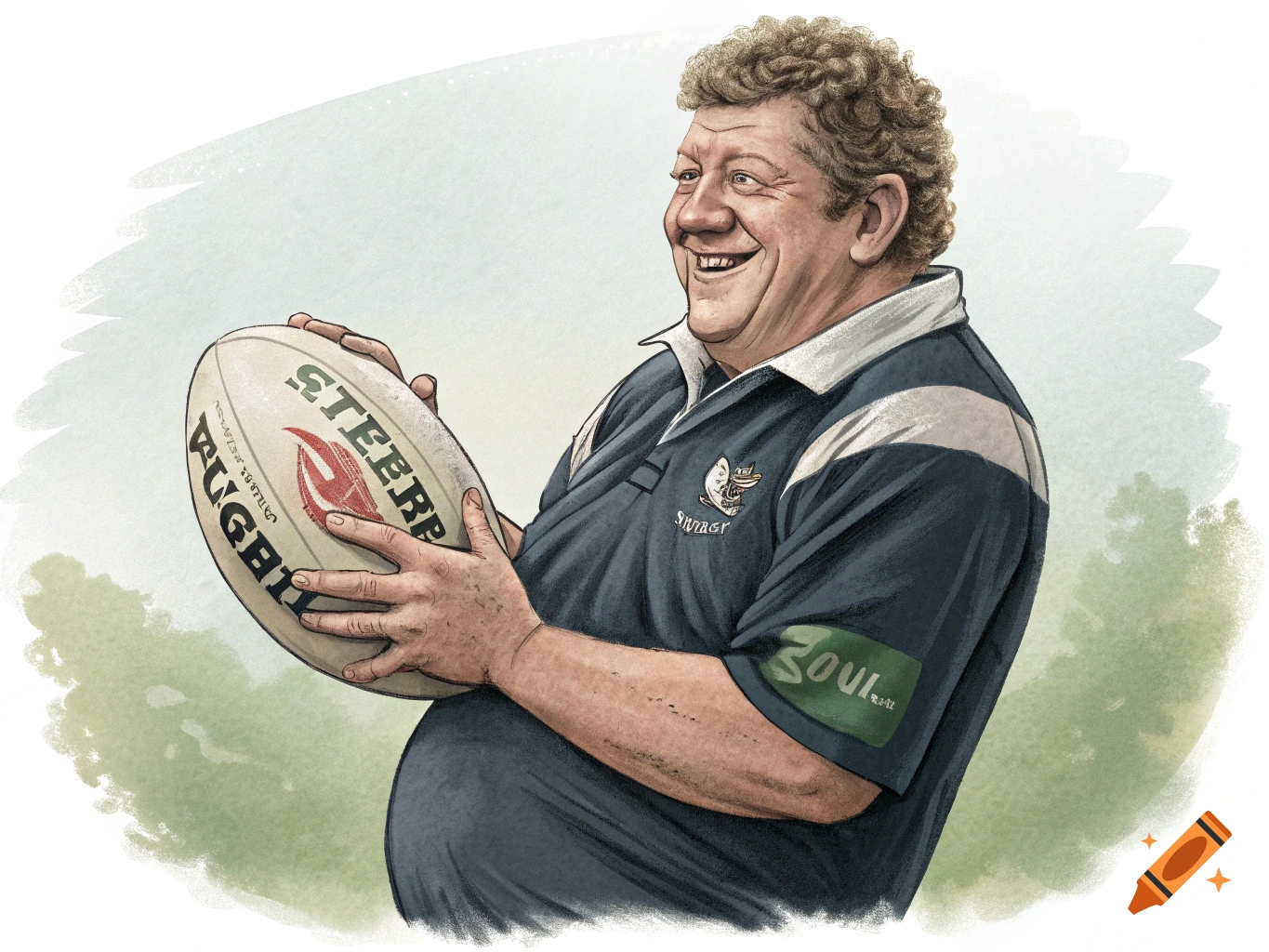 Illustration of a smiling man in a rugby shirt holding a football.