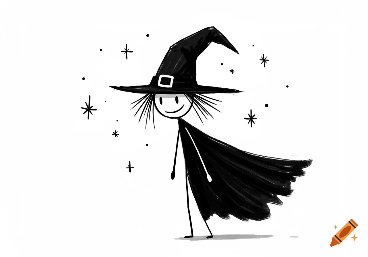 Black and white stick figure drawing of a witch with a hat and cape and stars.