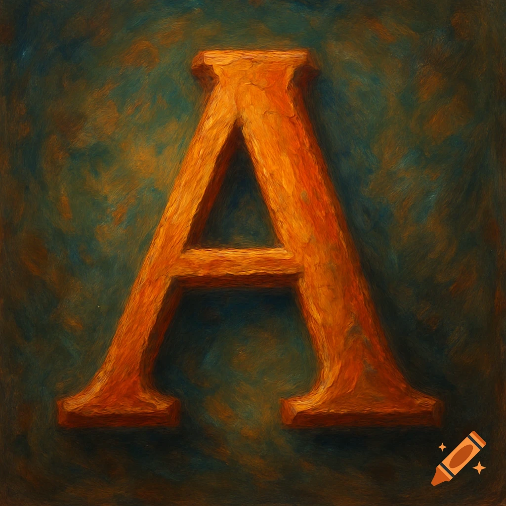 Textured painting of a large orange letter A on a dark background
